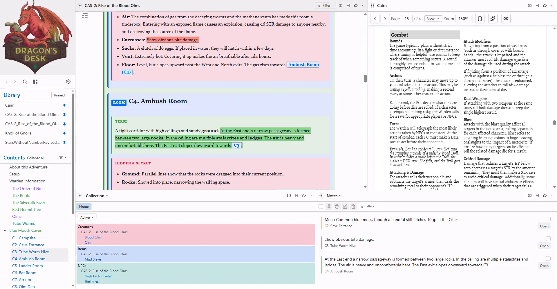 Dragon's Desk with four panes open: a GMX module with highlighted passages, the Cairn rules PDF, a Collection of creatures, items, and NPCs, and a Notes list of those highlights.